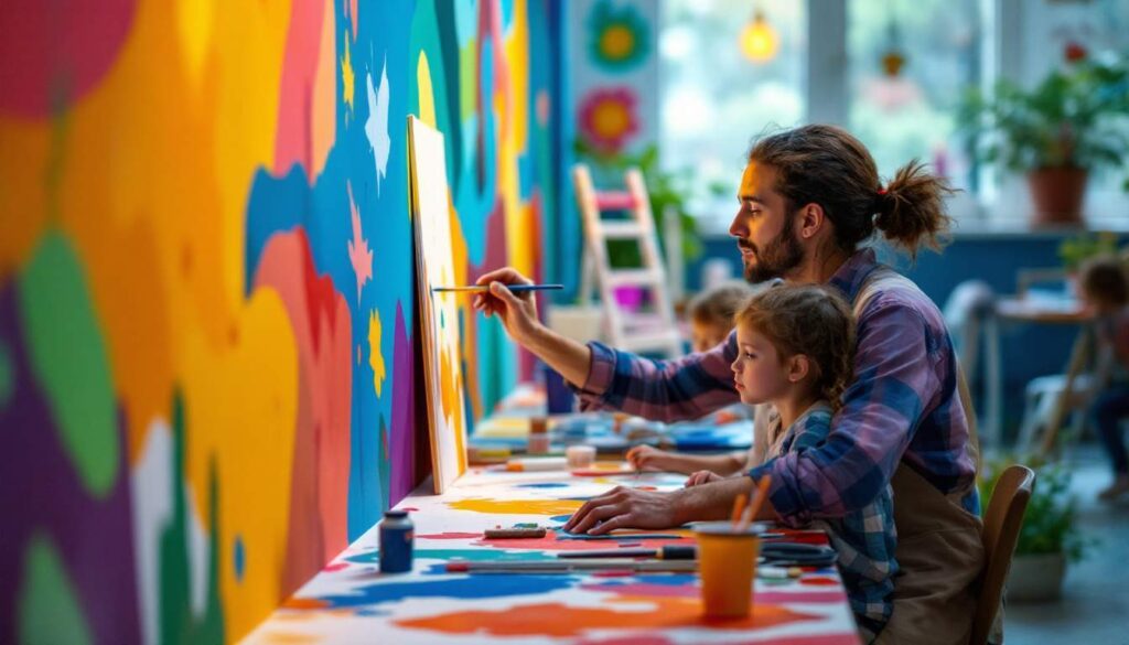 profesor con nino pintando