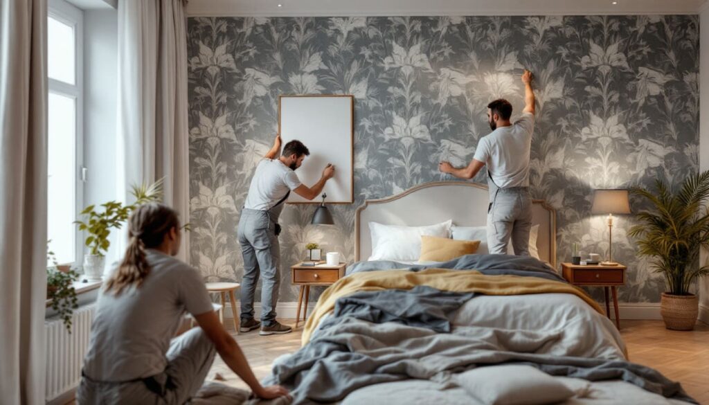 pareja decorando habitacion con papel tapiz en pared