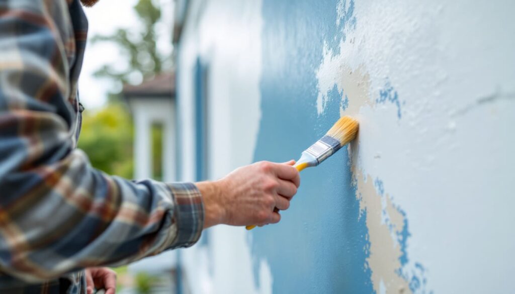 detalle de brocha aplicando pintura en pared exterior clara