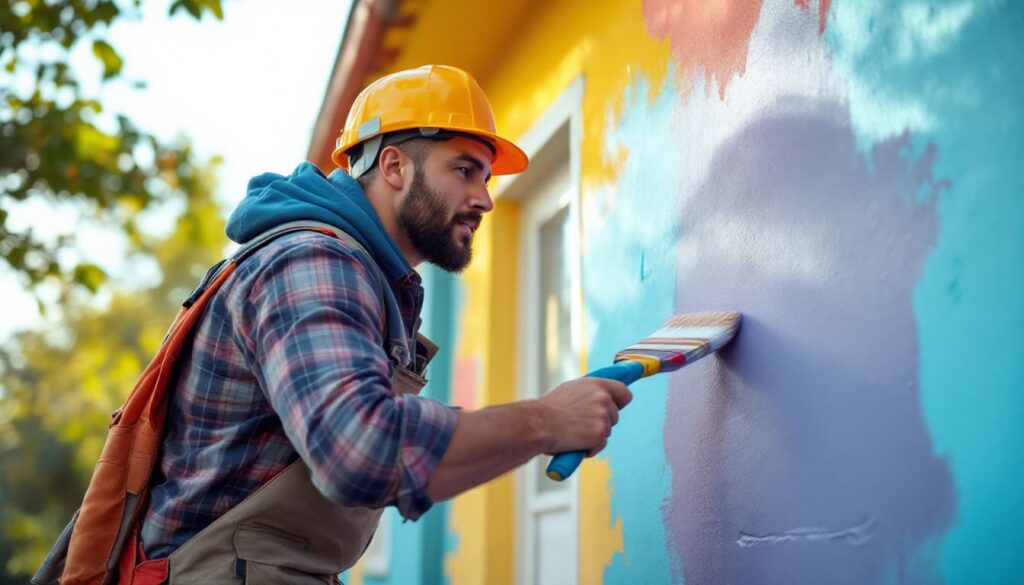 pintor con casco amplia pared exterior con brocha en tonos pastel