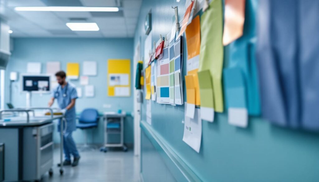 corredor de hospital con paredes decoradas y personal medico caminando en fondo en ambiente profesional