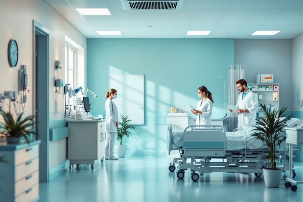 habitacion de hospital con paciente en cama y personal medico en fondo en ambiente luminoso y ordenado