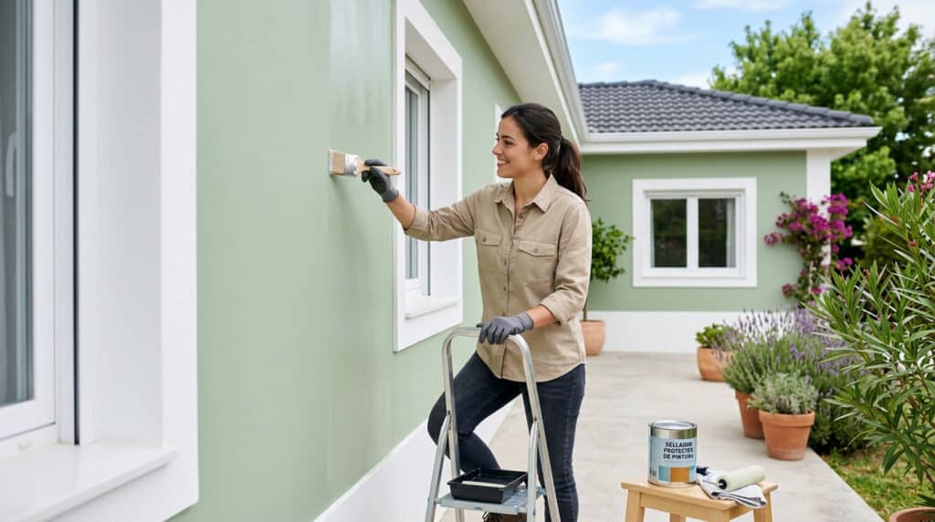 mujer pintando casa